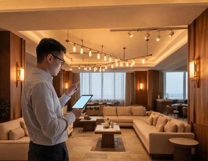 Architect adjusting connected architectural lighting scenes in a refined hospitality interior